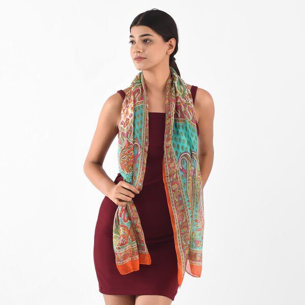 100% Satin-Seidenschal, bedruckt mit Kartenmuster, 50x160cm, Orange image number 3