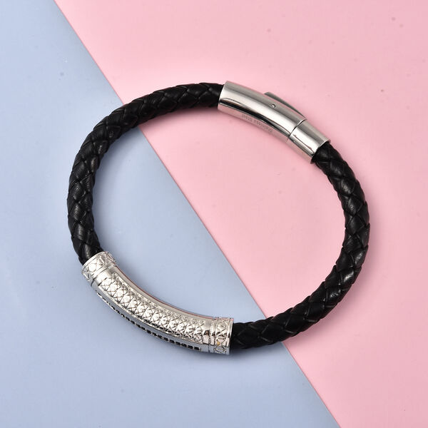 Schwarzer simulierter Diamant und Leder Herren Armband ca. 20 cm lange Edelstahl image number 1