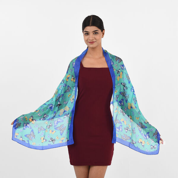 Bedruckter 100% Satin-Seidenschal, 48x160cm, Meeresblau image number 2