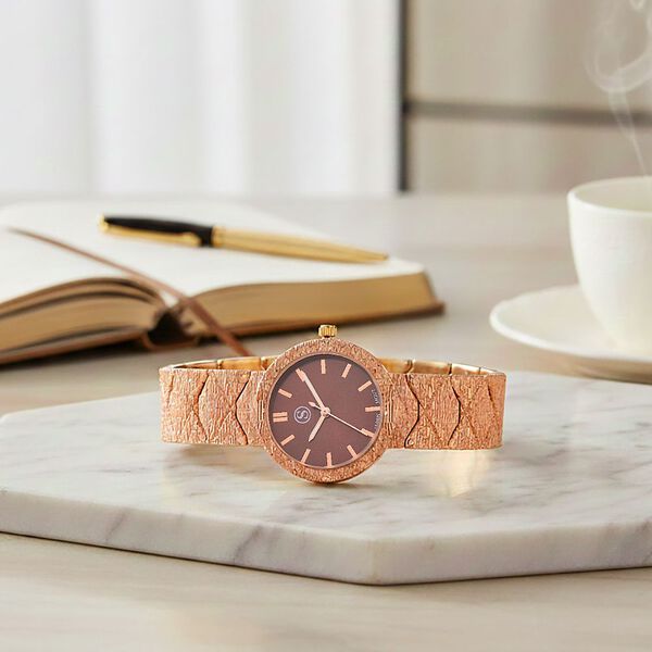 STRADA - Japanisches Uhrwerk, Burgunder Zifferblatt mit goldplattiertem Alloy Armband, 20 cm image number 2