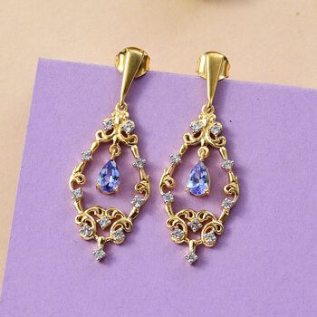 Tansanit, Wei&szlig;er Zirkon Ohrringe 925 Silber 750 Gelbgold Vermeil ca. 1.28 ct