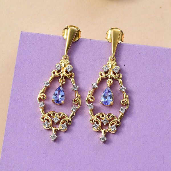 Tansanit, Wei&szlig;er Zirkon Ohrringe 925 Silber 750 Gelbgold Vermeil ca. 1.28 ct image number 2