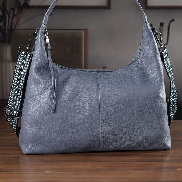 Echtleder-Hobo-Bag mit abnehmbarem Schulterriemen, 41x10x35 cm, Staubblau image number 4