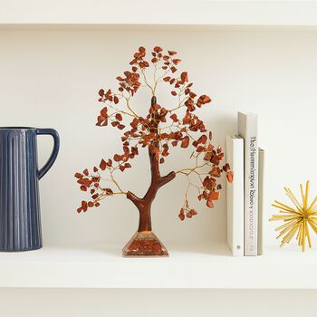 LIVMORE Edelsteinbaum mit Orgonit Basis, Roter Jaspis, Sieben Chakren, 23cm, 230 Perlen, Rot