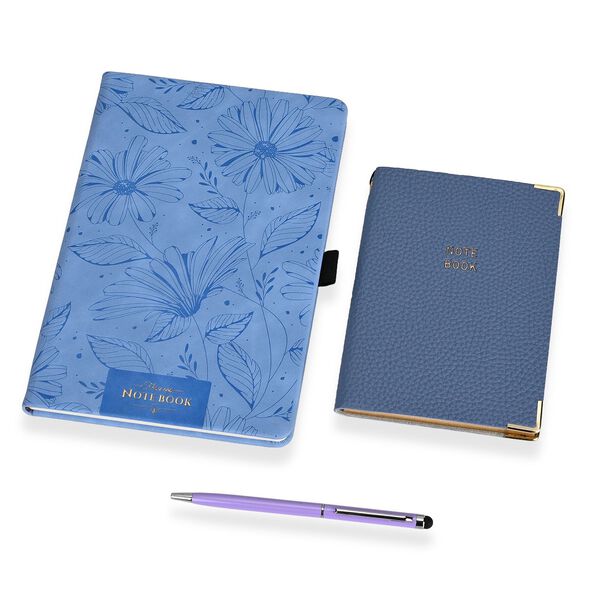 Premium Set; Notizbuch und Taschentagebuch mit geschnitztem, samtigem Hardcover und Kugelschreiber, Blau image number 0