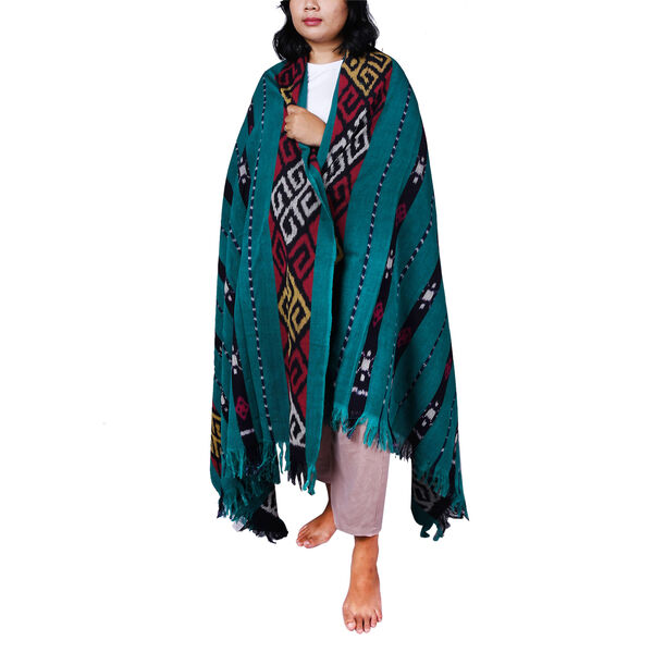 Handgefertigte Tenun-Decke mit Tiermotiv, 119,3x254cm, Türkis image number 0