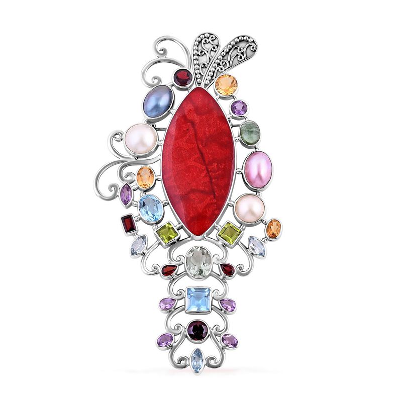 Royal Bali - Rote Koralle, Weiße Mabe Perle Brosche 925 Silber ca. 160.80 ct image number 0