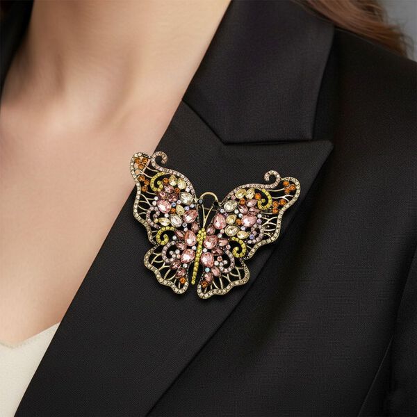 Mehrfarbiger Kristall Schmetterling Brosche Antikes Gold image number 3