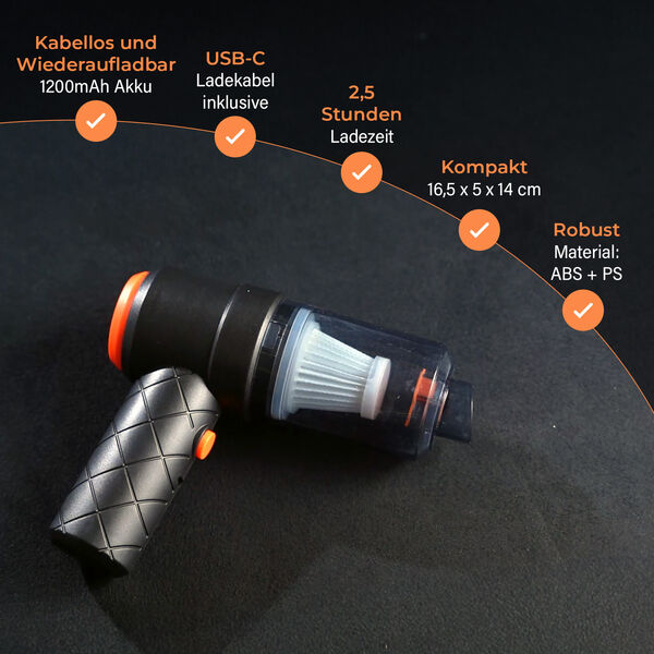2-in-1 Staubsauger, 1200mAh Akku, inkl. USB-C Kabel, Saugdüse, Bürste, Blasdüse, Schwarz image number 2