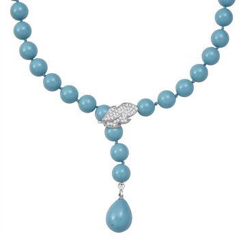 Sleeping Beauty t&uuml;rkisfarbene 10mm Muschelkernperle und wei&szlig;e Zirkonia 60cm Halskette