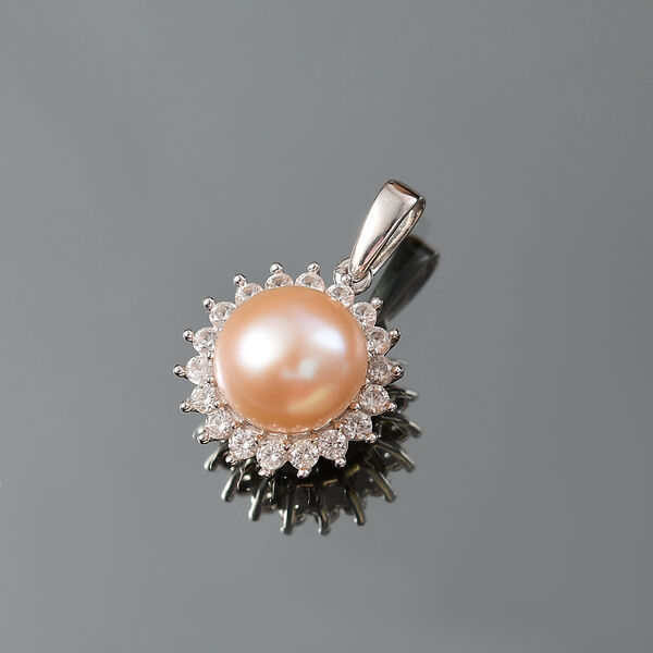 Pfirsich-Süßwasser Perle (8.5-9 mm), Weißer Zirkon Schmuckset ca. 50 cm 925 Silber rhodiniert 5.02 ct image number 2