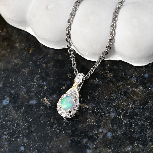 D'Joy AA nat&uuml;rlicher, &auml;thiopischer Welo Opal und Zirkon zweifarbiger Anh&auml;nger mit 50cm Edelstahl-Kette - 0,39 ct. image number 2