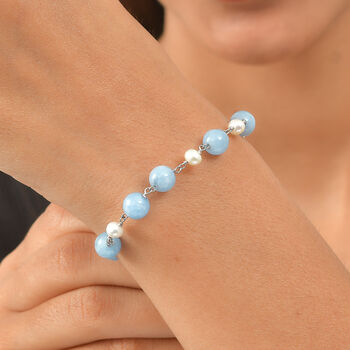 EVER TRUE Milchiger Aquamarin, S&uuml;&szlig;wasser Perle Armband ca. 19 cm 316L Edelstahl Platiniert