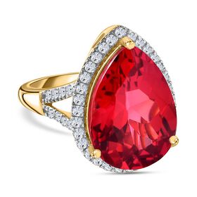 Lab Created Padparadscha-Saphir, Weißer Zirkon Ring, 925 Silber Gelbgold Vermeil, (Größe 18.00), ca. 16.76 ct