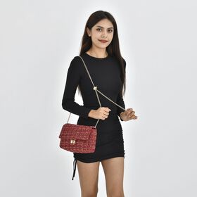 Umh&auml;ngetasche aus 100% echtem Leder mit Boucl&eacute;-Stoff, Burgunderrot