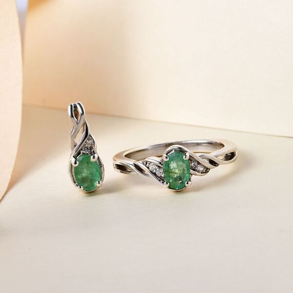 2er-Set-Kagem sambischer Smaragd-Anh&auml;nger und Ring, 925 Silber platiniert, 0,90 ct. image number 2