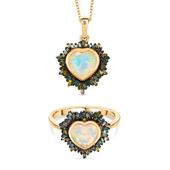 D'Joy &auml;thiopischer Welo Opal und blauer Diamant Ring und Anh&auml;nger mit 50cm Kette