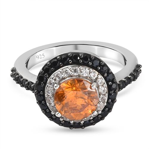Orange Sphalerit und schwarze Spinell Ring 925 Silber Platin-Überzug image number 0