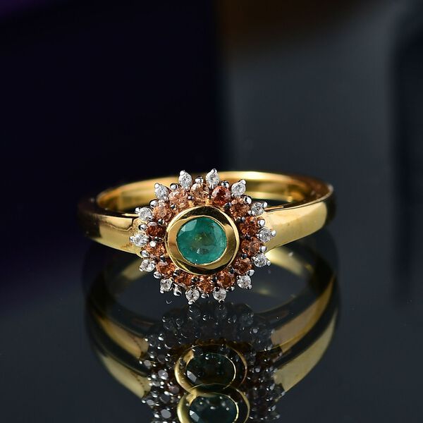 Regal Halo - D joy Kagem Sambischer Smaragd, Brauner Zirkon Ring 925 Silber 750 Gelb Vergoldet (Gr&ouml;&szlig;e 20.00) ca. 0.70 ct image number 2