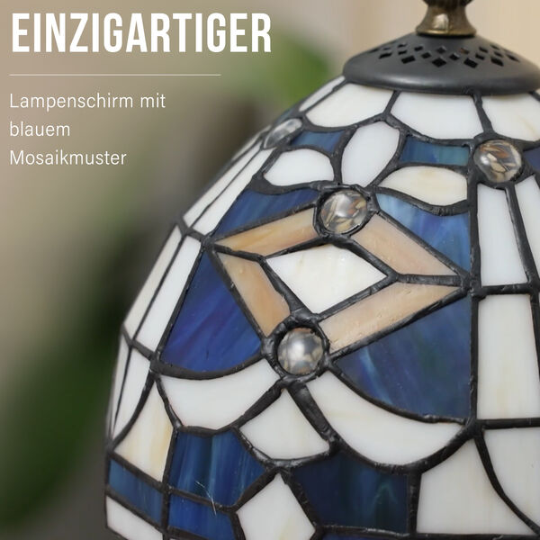 Handgefertige Tiffany-Stil Tischlampe, Buntglas, Blaues Mosaik image number 3