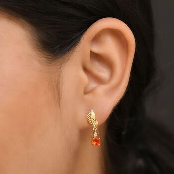 Blaze Feuer Opal, Wei&szlig;er Zirkon Ohrringe 925 Silber 750 Gelb Vergoldet ca. 0.60 ct