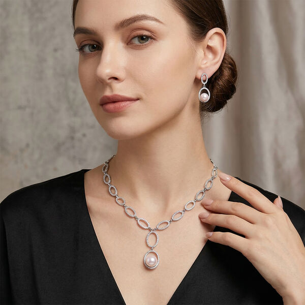 2er Set - Wei&szlig;er Kristall, Wei&szlig;e Muschelkernperle Ohrringe und Halskette ca. 50 cm + 7.5 cm Extender image number 2