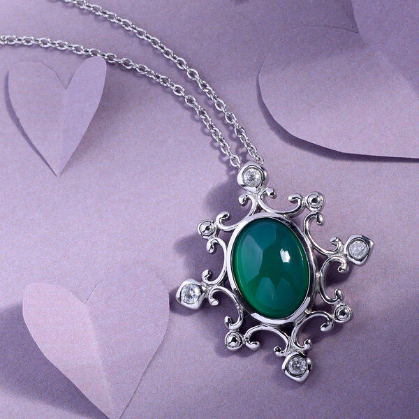 Gr&uuml;ner Onyx und Zirkon-Anh&auml;nger mit Kette, 50 cm, Edelstahl ca. 5,68 ct image number 2