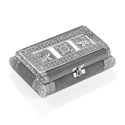 Handgefertigte Schmuckschatulle mit Elefanten Präge-Design, oxidiertes Finish, 20 x 13 x 7 cm, Silber-Rosa