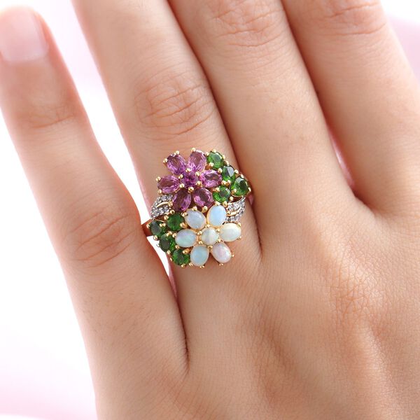 Rhodolith Granat, nat&uuml;rlicher Opal und Chromdiopsid-Ring, 925 Silber vergoldet  ca. 3,24 ct image number 3