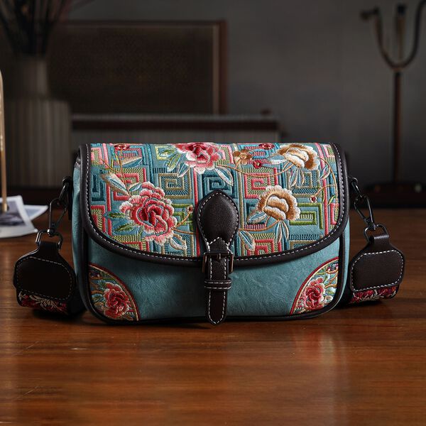 "PU Embroidered crossbody bag Color:Blue Size:22*8*16 cm   Wall: PU Lining: Polyester Exterior:zipped-2.pocket-1 Interior: zipped-1,slid-1" image number 1