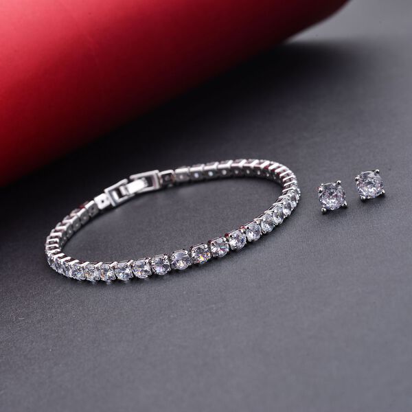 2er Wei&szlig;e Zirkonia-Ohrstecker mit Armband, reines Messing ca. 21.00 ct image number 2