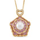 Weiße Süßwasser Perle (8-10 mm), Rosa Zirkonia Schmuckset ca. 50 cm + 5 cm Extender, Nickelfreies Messing, Reines Kupfer vergoldet