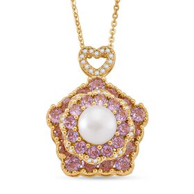 Weiße Süßwasser Perle (8-10 mm), Rosa Zirkonia Schmuckset ca. 50 cm + 5 cm Extender, Nickelfreies Messing, Reines Kupfer vergoldet