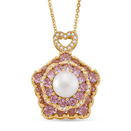 Wei&szlig;e S&uuml;&szlig;wasser Perle (8-10 mm), Rosa Zirkonia Schmuckset ca. 50 cm + 5 cm Extender, Nickelfreies Messing, Reines Kupfer vergoldet