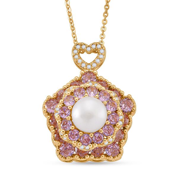 Wei&szlig;e S&uuml;&szlig;wasser Perle (8-10 mm), Rosa Zirkonia Schmuckset ca. 50 cm + 5 cm Extender, Nickelfreies Messing, Reines Kupfer vergoldet