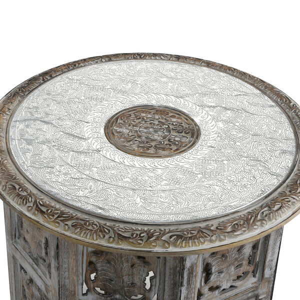 NAKKASHI - handgeschnitzter klappbarer Tisch aus Mangoholz mit handgepr&auml;gter Aluminiumplatte, 53x53x53 cm, wei&szlig; image number 5