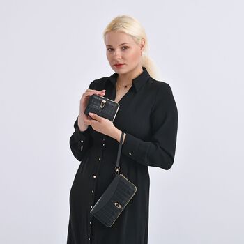 2-teiliges Geldb&ouml;rsen-Set im Krokopr&auml;gungs-Design, Lange Geldb&ouml;rse 20x10x3 cm und Bifold-Geldb&ouml;rse 12x9x3,5 cm, Schwarz