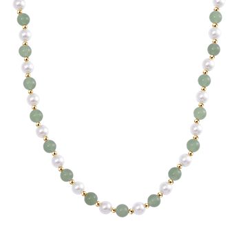 Gr&uuml;ner Aventurin, Wei&szlig;e Muschelkernperle (7-9 mm) Halskette ca. 45 cm+ 5 cm Extender gelb vergoldet