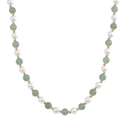 Gr&uuml;ner Aventurin, Wei&szlig;e Muschelkernperle (7-9 mm) Halskette ca. 45 cm+ 5 cm Extender gelb vergoldet