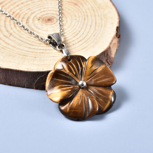 Floral geschnitzter, gelber Tigeraugen-Anh&auml;nger mit Kette, ca. 50 cm in Edelstahl image number 5