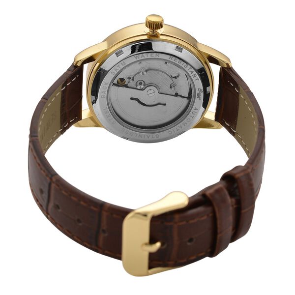 GENOA - Automatik-Armbanduhr mit Herz-Design und Datumsanzeige, Dandong-Uhrwerk, Wei&szlig;es Zifferblatt, Goldfarben, Brauners Lederarmband, 36 mm image number 6