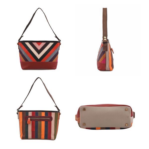 CHAOS BY ELSIE - Umh&auml;nge-Patchworktasche aus 100% echtem Leder mit Streifenmuster, 25x11x22 cm, V-Muster, glattes Leder image number 4