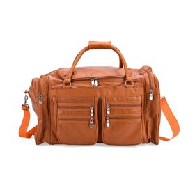 Patchwork-Reisetasche aus Schafleder mit 6 Außentaschen und Schulterriemen, 51x29x28 cm, Hellbraun