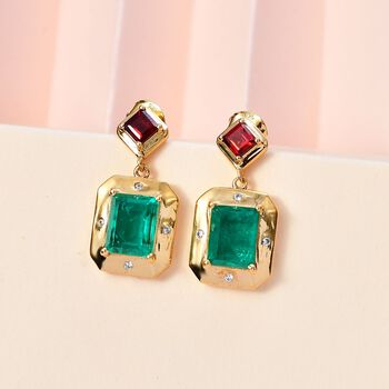 Smaragd-Quarz Triplette, Roter Granat Ohrringe 925 Silber 750 Gelbgold Vermeil ca. 7,12 ct.