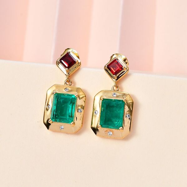 Smaragd-Quarz Triplette, Roter Granat Ohrringe 925 Silber 750 Gelbgold Vermeil ca. 7,12 ct. image number 2