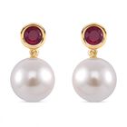 Weiße Muschelkernperle, Afrikanischer Rubin (Fissure gefüllt) Ohrringe 925 Silber vergoldet