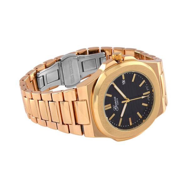 Genoa Time V2 -  Japanisches PC32 Uhrwerk, Datumsanzeige, PNP-Gold-Geh&auml;use, schwarzes Zifferblatt mit Hydraulik-Design, Edelstahlarmband image number 5