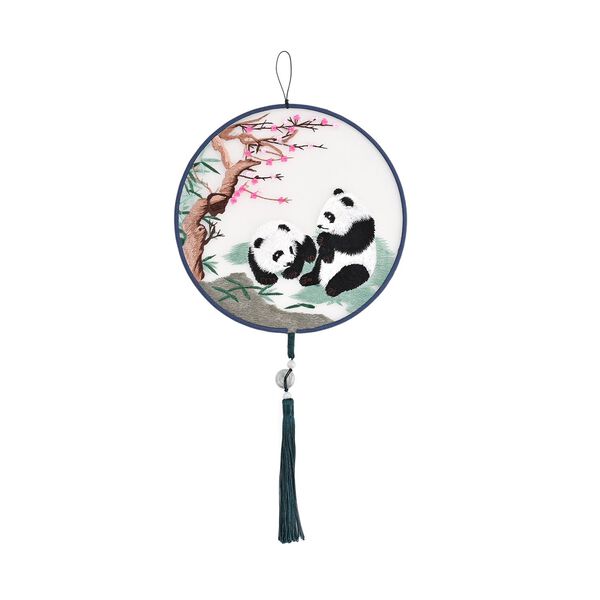 LIVMORE Doppelseitige Stickerei Seidenwanddekoration mit Jadequaste, 20cm, Panda-Muster image number 0