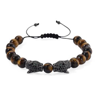 Tigerauge, Schwarzer Zirkonia Armband, Flexibles, Messing Schwarzes Rhodium