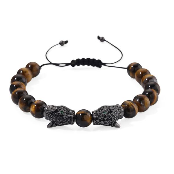 Tigerauge, Schwarzer Zirkonia Armband, Flexibles, Messing Schwarzes Rhodium